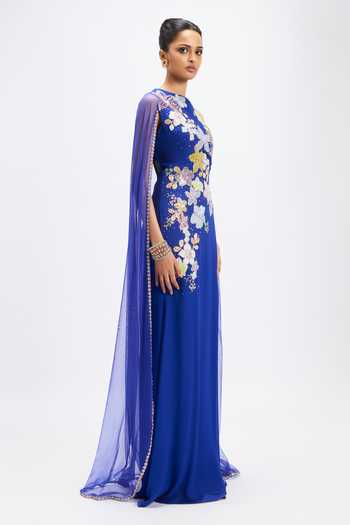 Shop_Aisha Rao_Blue Georgette Applique High Neck Mandevilla Persian Gown _at_Aza_Fashions