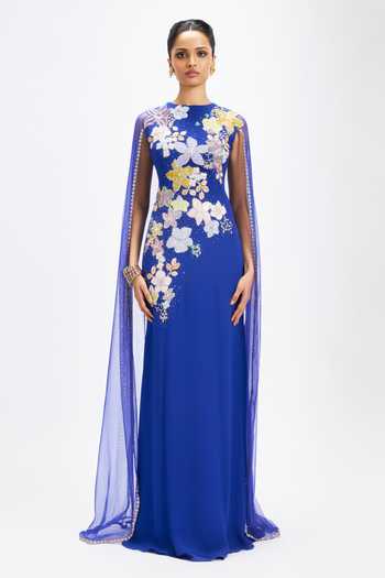 Buy_Aisha Rao_Blue Georgette Applique High Neck Mandevilla Persian Gown _at_Aza_Fashions
