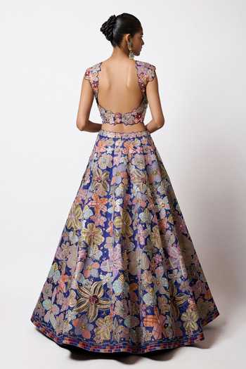 Shop_Aisha Rao_Blue Satin, Tulle Scoop Neck Cyanora Electric Lehenga Set _at_Aza_Fashions