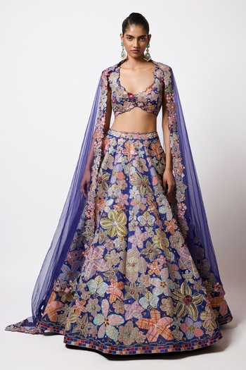 Buy_Aisha Rao_Blue Satin, Tulle Scoop Neck Cyanora Electric Lehenga Set _at_Aza_Fashions