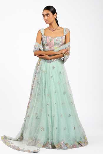 Buy_Aisha Rao_Blue Silk, Tulle Square Neck Azalee Baby Saree Lehenga Set _at_Aza_Fashions
