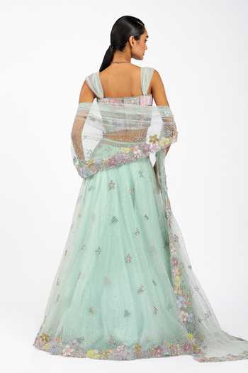 Shop_Aisha Rao_Blue Silk, Tulle Square Neck Azalee Baby Saree Lehenga Set _at_Aza_Fashions