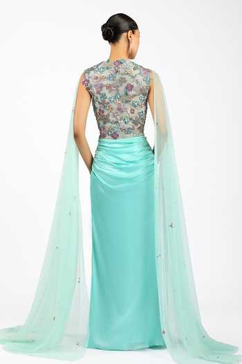 Shop_Aisha Rao_Blue Satin, Tulle, Silk Embroidery, Sequins, Stones, Vivelise Scuba Cape Gown _at_Aza_Fashions