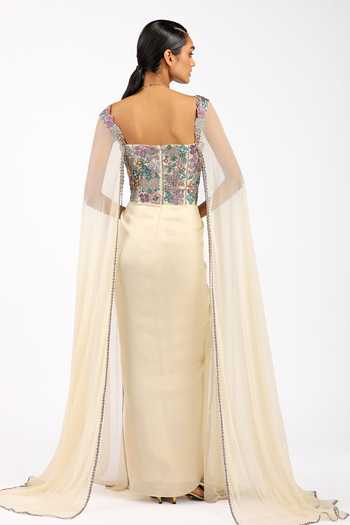 Shop_Aisha Rao_Beige Silk, Satin, Tulle Embroidery, Beads, Applique Zaferine Pleated Gown _at_Aza_Fashions