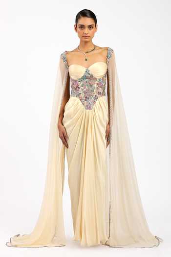 Buy_Aisha Rao_Beige Silk, Satin, Tulle Embroidery, Beads, Applique Zaferine Pleated Gown _at_Aza_Fashions