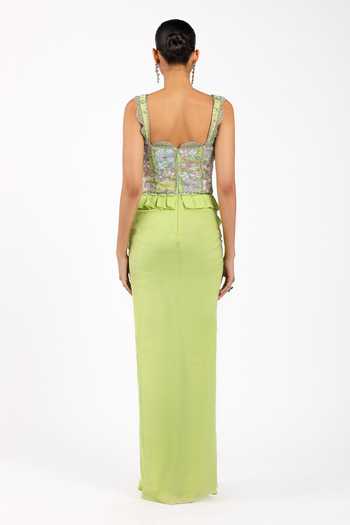Shop_Aisha Rao_Green Chiffon Applique, Ruffles Square Neck Yszlie Pleated Gown _at_Aza_Fashions