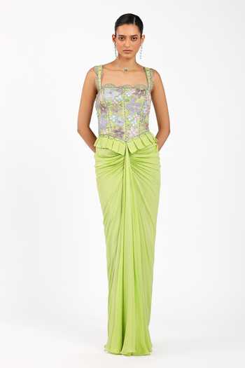 Buy_Aisha Rao_Green Chiffon Applique, Ruffles Square Neck Yszlie Pleated Gown _at_Aza_Fashions