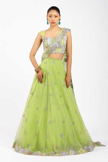 Buy_Aisha Rao_Green Silk, Tulle Square Neck Azalee Lime Saree Lehenga Set _at_Aza_Fashions