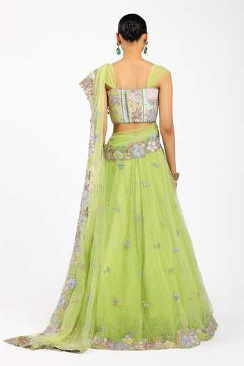 Shop_Aisha Rao_Green Silk, Tulle Square Neck Azalee Lime Saree Lehenga Set _at_Aza_Fashions