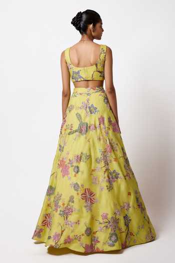 Shop_Aisha Rao_Yellow Organza, Tulle Sweetheart Neck Orelia Lime Lehenga Set _at_Aza_Fashions