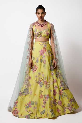 Buy_Aisha Rao_Yellow Organza, Tulle Sweetheart Neck Orelia Lime Lehenga Set _at_Aza_Fashions