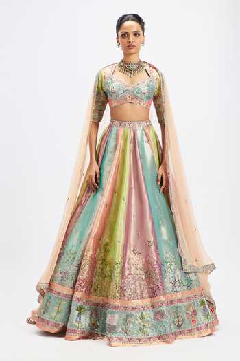 Buy_Aisha Rao_Multi Color Tissue, Tulle Sweetheart Neck Camelia Pop Applique Work Lehenga Set _at_Aza_Fashions