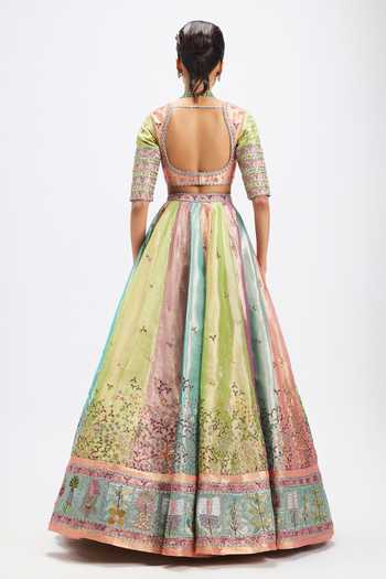 Shop_Aisha Rao_Multi Color Tissue, Tulle Sweetheart Neck Camelia Pop Applique Work Lehenga Set _at_Aza_Fashions