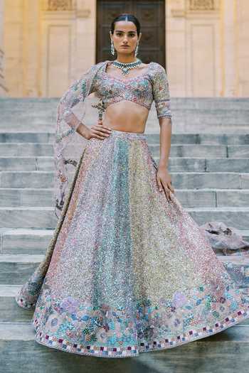 Buy_Aisha Rao_Multi Color Net, Tulle Sweetheart Neck Tribelle Multicolour Sequin Lehenga Set _at_Aza_Fashions