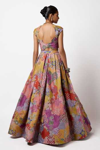 Shop_Aisha Rao_Pink Organza, Tulle, Net V-neck Brillara Printed And Embellished Lehenga Set _at_Aza_Fashions