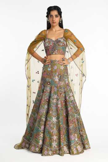 Buy_Aisha Rao_Olive Green Tissue, Tulle Sweetheart Neck Doree Organza Lehenga With Blouse _at_Aza_Fashions