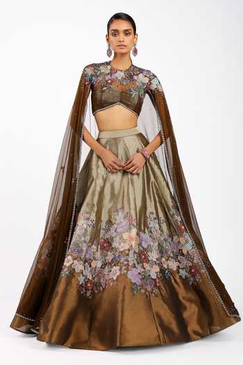 Buy_Aisha Rao_Brown Tissue, Tulle High Neck Aubepine Copper Metallic Lehenga And Blouse Set _at_Aza_Fashions