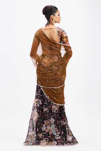 Shop_Aisha Rao_Black Organza, Tulle Square Neck Sepia Embroidered Pre-draped Saree With Blouse _at_Aza_Fashions