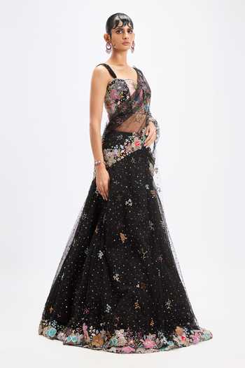 Shop_Aisha Rao_Black Silk, Tulle Sweetheart Neck Azalee Lehenga Saree Set _at_Aza_Fashions