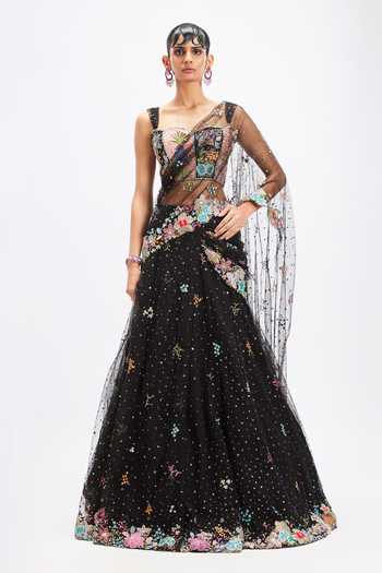 Buy_Aisha Rao_Black Silk, Tulle Sweetheart Neck Azalee Lehenga Saree Set _at_Aza_Fashions