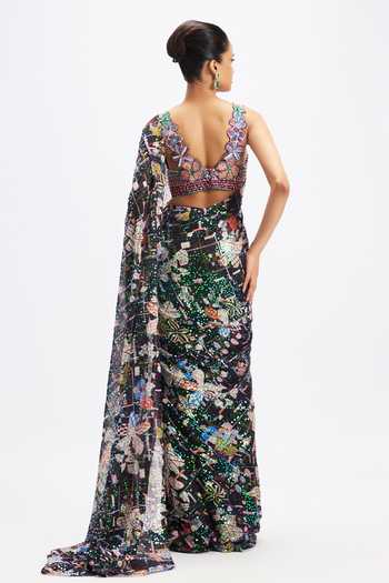 Shop_Aisha Rao_Black Tulle Sweetheart Neck Noctura Plum Sequin Saree With Blouse _at_Aza_Fashions