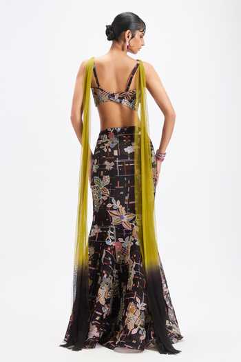 Shop_Aisha Rao_Black Organza, Tulle, Net Asymmetric Merlette Fishtail Skirt Set _at_Aza_Fashions