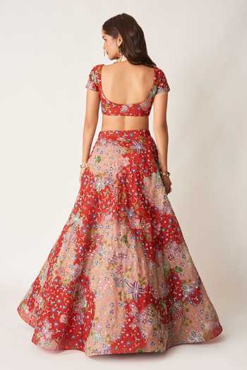 Shop_Aisha Rao_Red Organza, Tulle V-neck Brielle Printed Lehenga Set _at_Aza_Fashions