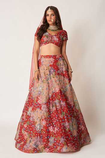 Buy_Aisha Rao_Red Organza, Tulle V-neck Brielle Printed Lehenga Set _at_Aza_Fashions