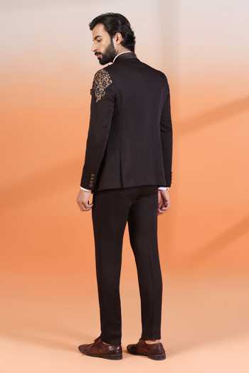 Shop_ZOOP MEN_Brown Jacquard Embroidery Hand Tuxedo Set _at_Aza_Fashions