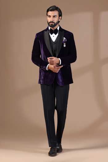 Buy_ZOOP MEN_Purple Velvet, Rayon Brooches Tuxedo Set _at_Aza_Fashions
