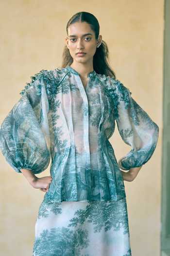Buy_Pankaj & Nidhi_Blue Organza Applique, Fabric Flowers Mandarin Collar Porto Moss-lit Mirage Top _at_Aza_Fashions