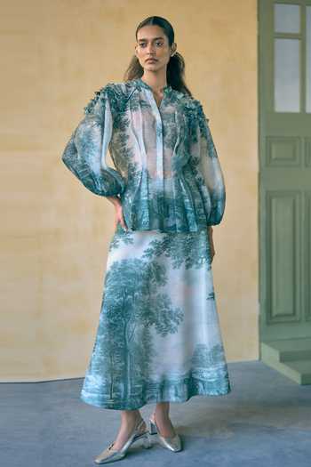 Shop_Pankaj & Nidhi_Blue Organza Applique, Fabric Flowers Mandarin Collar Porto Moss-lit Mirage Top _at_Aza_Fashions