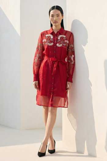 Buy_love, Kiki_Red Cotton, Organza Collared, Button-down Ruby Grape Embroidered Shirt Dress _at_Aza_Fashions