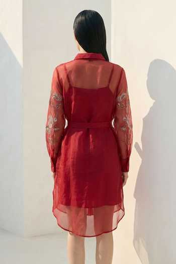 Shop_love, Kiki_Red Cotton, Organza Collared, Button-down Ruby Grape Embroidered Shirt Dress _at_Aza_Fashions