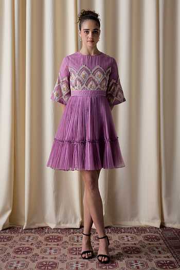 Buy_love, Kiki_Lilac , Silk Round Neck Orchid Floral Applique Skater Dress _at_Aza_Fashions