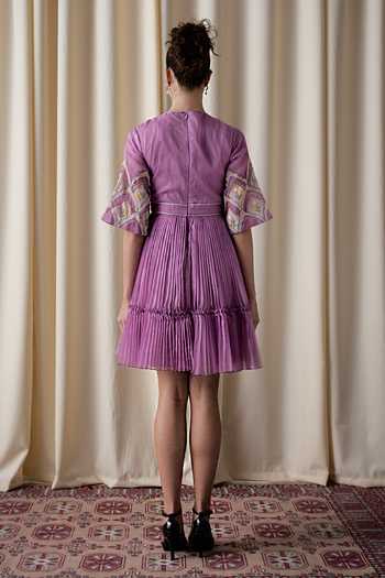 Shop_love, Kiki_Lilac , Silk Round Neck Orchid Floral Applique Skater Dress _at_Aza_Fashions