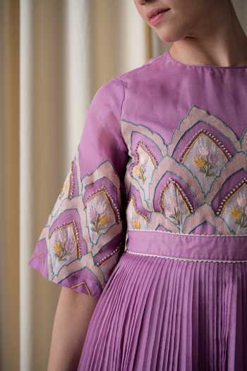 Buy_love, Kiki_Lilac , Silk Round Neck Orchid Floral Applique Skater Dress _Online_at_Aza_Fashions