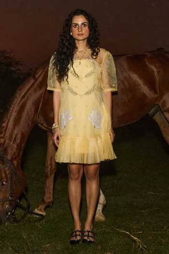 Shop_love, Kiki_Yellow Organza, Crepe Square Neck Skate Floral Embroidered Dress _at_Aza_Fashions