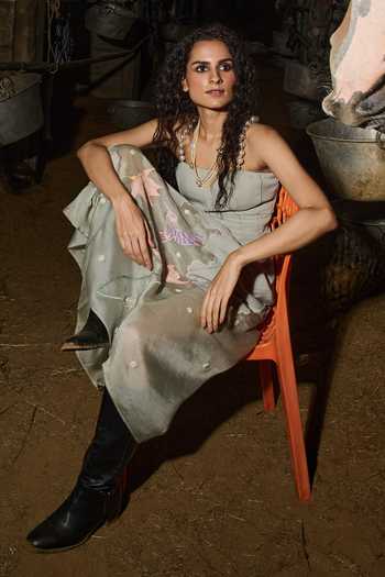 love, Kiki_Green Crepe, Silk Organza Sage Floral Embroidered Dress _Online_at_Aza_Fashions