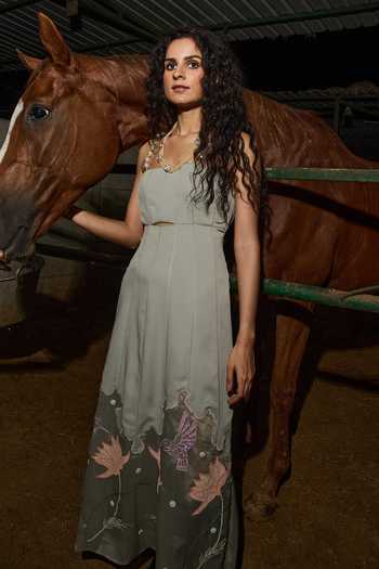 Shop_love, Kiki_Green Crepe, Silk Organza Sage Floral Embroidered Dress _at_Aza_Fashions