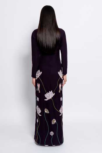 Shop_love, Kiki_Burgundy Crepe Embroidery V-neck Starlight Gown _at_Aza_Fashions
