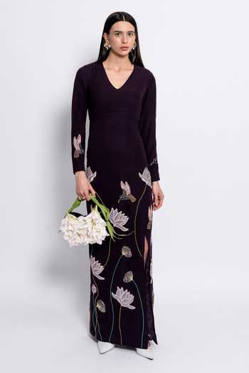 Buy_love, Kiki_Burgundy Crepe Embroidery V-neck Starlight Gown _at_Aza_Fashions