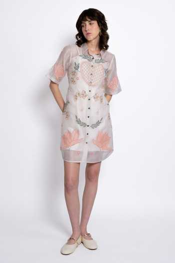 Buy_love, Kiki_Ivory Silk Organza, Cotton Satin, Lycra Collared Amora Embroidered Shirt Dress _at_Aza_Fashions