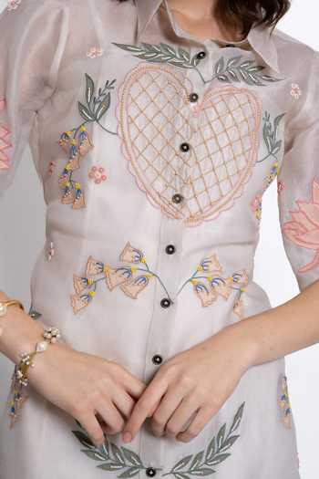Buy_love, Kiki_Ivory Silk Organza, Cotton Satin, Lycra Collared Amora Embroidered Shirt Dress _Online_at_Aza_Fashions