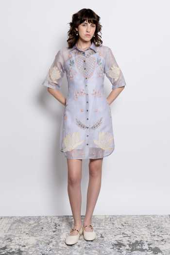 Buy_love, Kiki_Blue Silk Organza, Cotton Satin, Lycra Collared Amora Embroidered Shirt Dress _at_Aza_Fashions