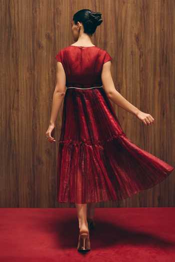 Shop_love, Kiki_Red Organza, Cotton Satin Round Neck Carmine Layered Dress _at_Aza_Fashions