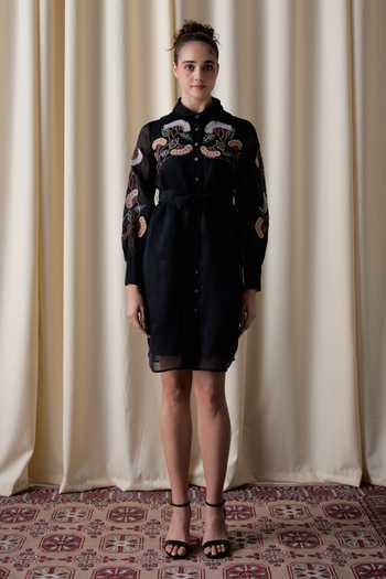 Buy_love, Kiki_Black Silk Organza, Cotton Satin Collared Moonlight Grape Shirt Dress _at_Aza_Fashions