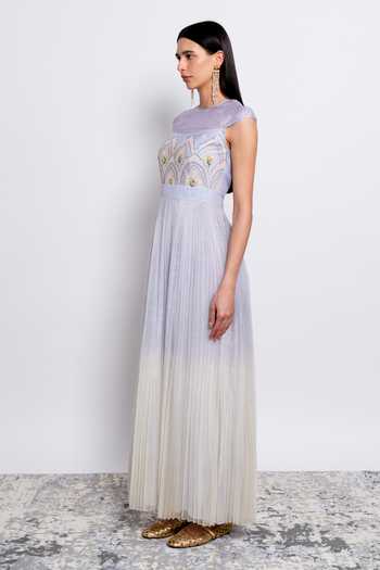 love, Kiki_Blue Silk Organza, Shantoon Embroidery, Beads High Neck Elara Bodice Gown _Online_at_Aza_Fashions