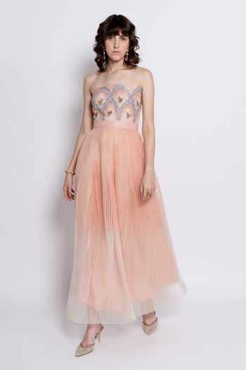 Buy_love, Kiki_Peach Silk Organza, Shantoon Embroidery, Beads Elowen Floral Strapless Gown _at_Aza_Fashions
