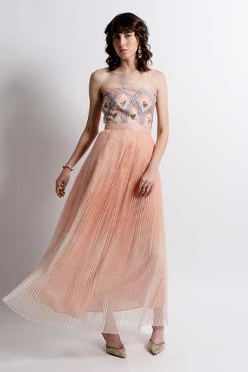 love, Kiki_Peach Silk Organza, Shantoon Embroidery, Beads Elowen Floral Strapless Gown _Online_at_Aza_Fashions